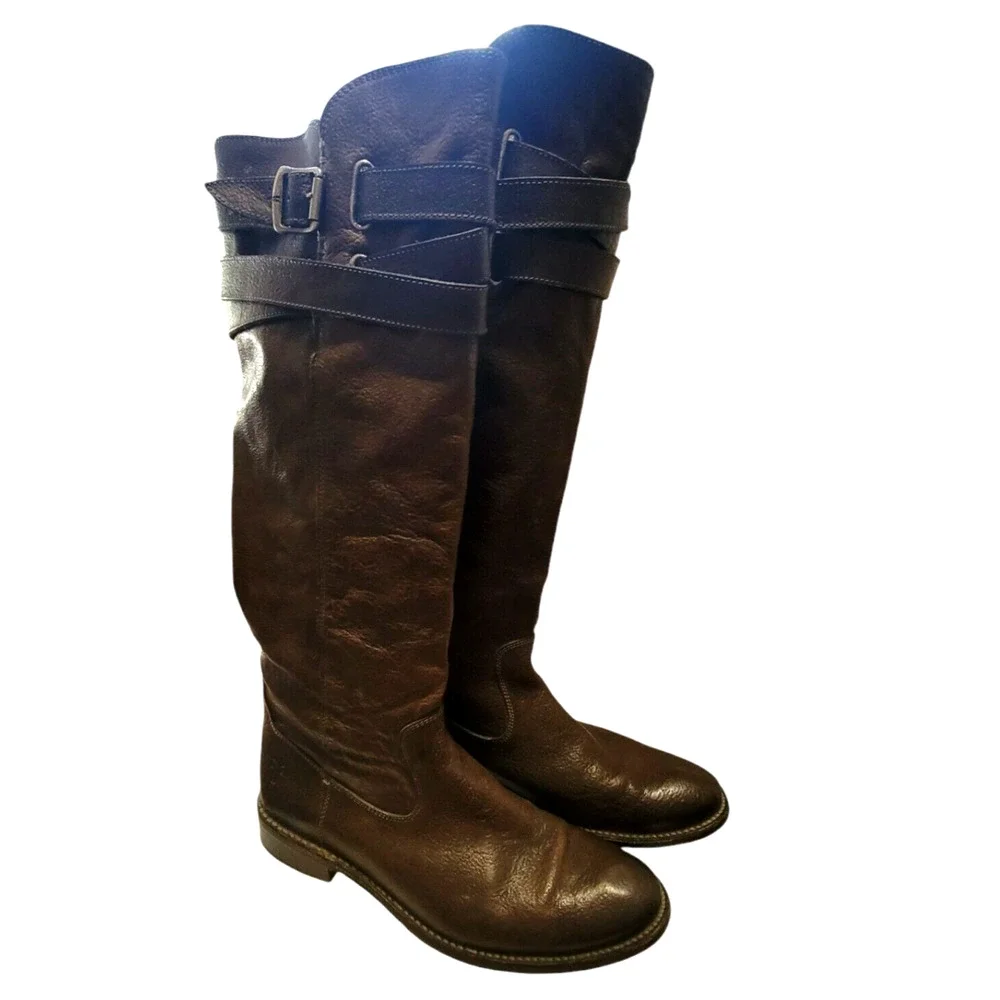Frye Tall Riding Boots Shirley Strappy Women Brown Leather Buckle Zipper 8 B